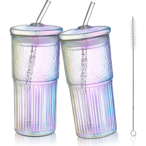 650ml Verre Avec Couvercle et Paille, Juego de 2, Colorées Smoothies Milkshakes Jus de Fruits Thé, irisés Verre Nervuré, Grand Boire Tasses,Gobelet Bubble Tea,Passe au Lave-vaisselle (1/5)