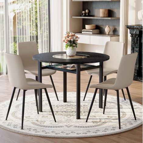 Conjunto de comedor con mesa redonda MDF negro y 4 sillas de PU gris cálido, Ø100 cm, patas metálicas y cristal (1/5)