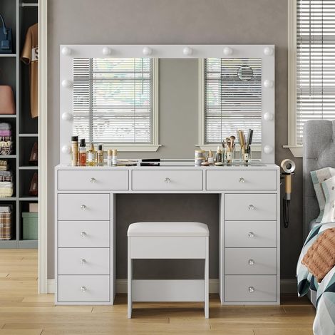 Coiffeuse avec Miroir LED, Table de Maquillage 12 Lumières, 11 Tiroirs, Prise Intégrée, 3 Modes d'Éclairage, Tabouret Inclus Blanc (1/5)