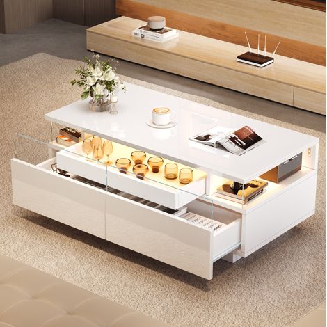 Tavolino da salotto 90x45x35.5 cm bianco in pannello truciolare lucido con 2 cassetti, vassoio removibile e LED (1/5)