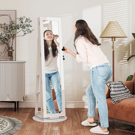 3-in-1 Schmuckspiegel mit 360°-Drehung, Ablagen auf der Rückseite und abschließbarer Tür, 55 x 55 x 161 cm, weiß (1/5)