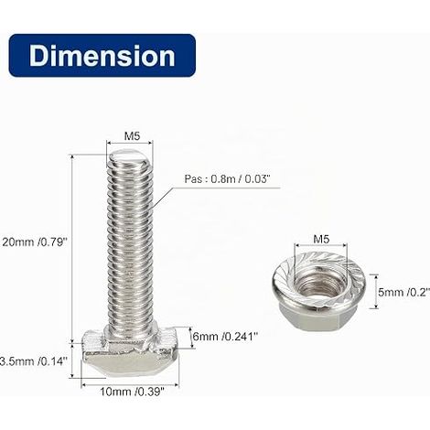 M5X20mm T Slot M5 Hexagon Flange Nut Set 10 Sets Hammer Head T-bolt T Shape Stud Sliding Screw for 20 Series Aluminum Profile (1/4)