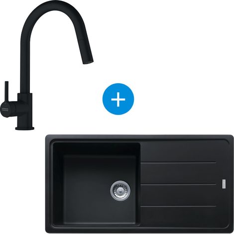 Franke Set base Lavello 97x50cm con sgocciolatoio reversibile, Fragranit, nero opaco + miscelatore a collo d'oca con doccetta estraibil