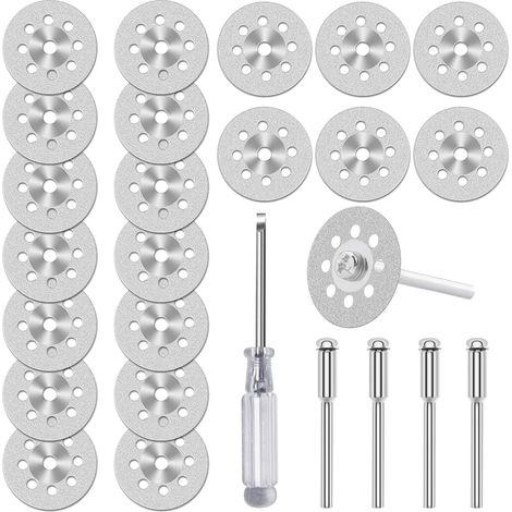 Lot de 20 Disques de Coupe Diamantés (22 mm) pour Outil Rotatif Dremel, Mini Disques à Tronçonner Revêtus de Diamant, Avec 4 Mandrins de 3 mm et Tournevis, pour Verre, Pierre, Carrelage (1/5)
