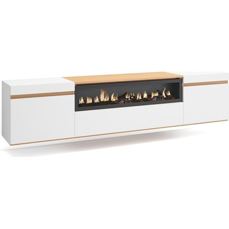 Skraut Home – Meuble TV suspendu mural avec cheminée électrique – Grand espace de rangement 200x35x45cm – Pour TV jusqu'à 80" – Style moderne blanc et chêne clair