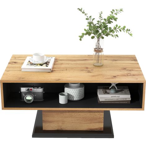 Table Basse Effet Bois avec Tiroir Sans Poignée, Rangement Double Face, Chêne et Anthracite, 100x60x47 cm (1/5)