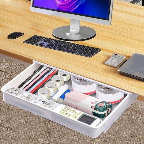Tiroir Sous Bureau, Tiroirs de Rangement Autocollant, Grande Capacité Tiroir Coulissant Adhesif, Rangement Sous Bureau pour Cuisine, École, Maison, Blanc (1/5)