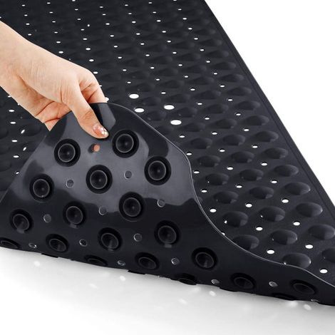 Alfombrilla de baño/ducha extralarga y antideslizante, 100 x 40 cm, con orificios de drenaje y ventosas, lavable a máquina, color negro. (1/5)