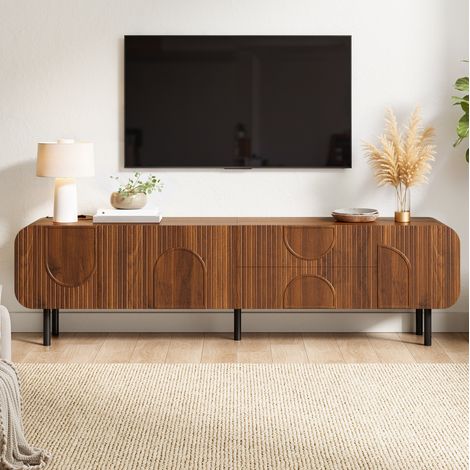 Meuble TV 180 cm 3 portes 2 tiroirs, rainures verticales, MDF et panneau de particules, pieds métal (1/5)