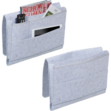 Relaxdays Betttasche, 2er Set, 4 Fächer, Klettverschluss, Aufbewahrung für Bett & Sofa, Bett Organizer, Filz, hellgrau