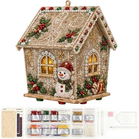 Kit de décoration de maison en pain d'épice en bois 3D à monter soi-même Irovami avec fausses perles – Motif arbre enneigé (1/5)