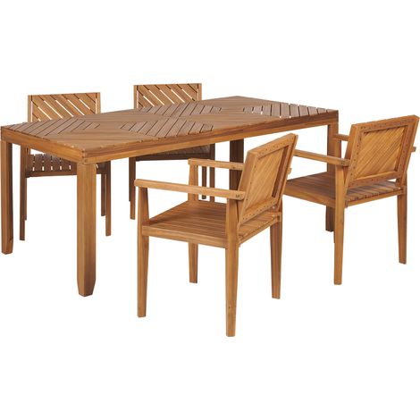Conjunto de comedor 4 plazas de madera de acacia clara mesa sillas reposabrazos Baratti