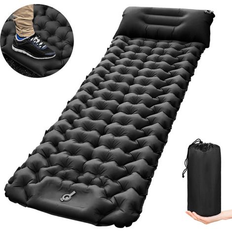 Matelas de camping avec oreiller intégré, pompe intégrée, ultraléger, gonflable et imperméable, idéal pour la randonnée, le trekking et les voyages (noir). (1/5)