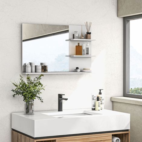 Miroir de salle de bain moderne avec 2 étagères latérales et étagère du bas - 75x10x48 cm - miroir mural en MDF et verre - blanc