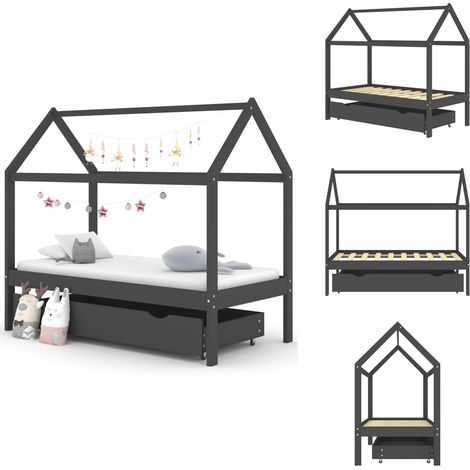 Cadre de lit d'enfant avec un tiroir Gris foncé Pin 80x160 cm - Lit Bébé - Lit Enfant - Cadre De Lit - Lit Design Enfant - Mobilier Enfant (1/5)