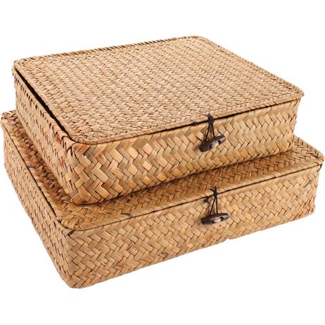 2PCS Panier Osier avec Couvercle, Panier en Rotin Tressé Fabriqué à Manograss, Panier en osier avec couvercle, Paniers Rectangulaires de Rangement pour étagères (1/5)