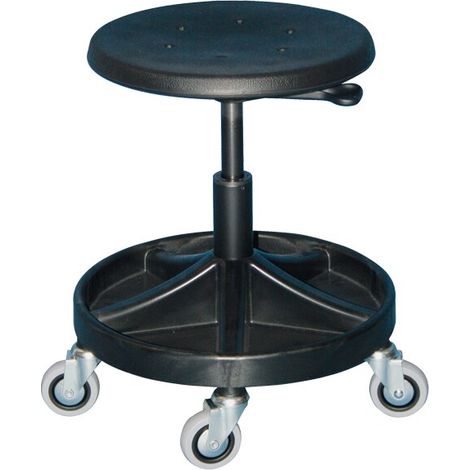 Arbeitshocker mit Rollen und Ablageschale, Sitzhöhe 400 - 525 mm, Sitzfläche: PU schwarz