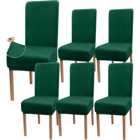 Housses de chaise de salle à manger en velours extensible, lot de 6, vert foncé (1/5)