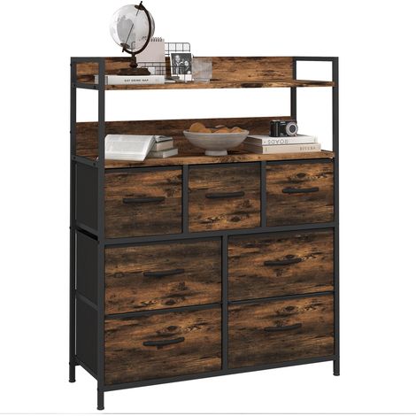 Meuble de rangement commode 7 tiroirs en tissu pliables et amovibles étagères ouvertes, brun rustique
