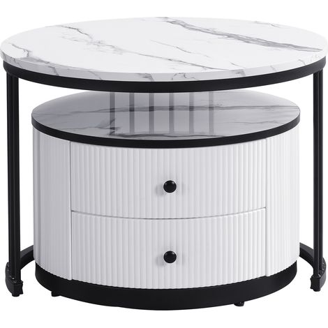 Set de 2 Tables Basses Rondes Blanches avec Effet Marbre Brillant, MDF et Plastique, 60x60x45,5 cm & 50x50x32 cm, 2 Tiroirs, Charge Jusqu'à 30 kg (1/5)