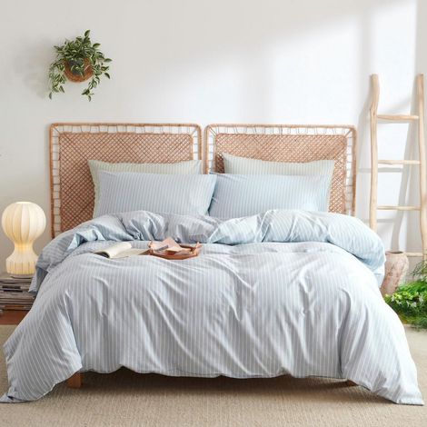 Bettwäsche-Set 220x240cm Baumwolle Blau Weiß Gestreift mit 2 Kissenbezügen 80x80cm