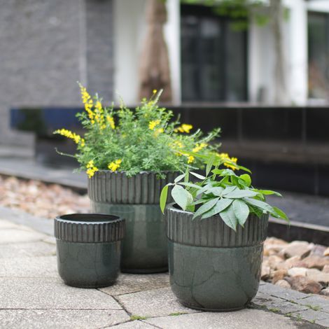 Set di vasi da fiori in ceramica fatti a mano 3 pezzi (Ø 38/30,5/23 cm), Verde scuro lucido con striscia a scanalature verticali sul bordo, traspirante, resistente al gelo, con fori di drenaggio per g (1/5)