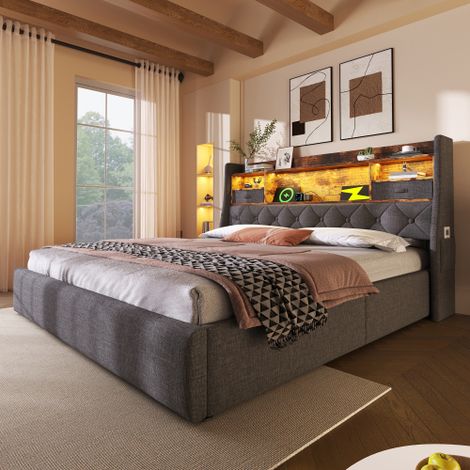 Polsterbett Schwebebett mit LED-Beleuchtung, Kopfteil und Ladestation(1 Type-C, 3 USB-Anschlüsse), Modern Einzelbett mit Stauraum-Kopfteil und lattenrost, Leinen(Ohne Matratze)