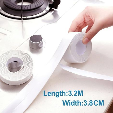 Mastic d'étanchéité pour salle de bain, lot de 2 rubans adhésifs en PVC pour salle de bain et cuisine, protection anti-moisissures (3,8 cm x 3,2 m)