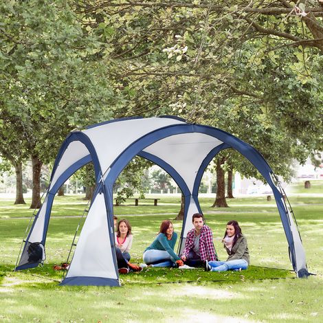 Tente dôme famille 6-8 personnes, 4 portes filet zippées, Oxford amovible, crochet lampe, sac transport, blanc/bleu, 350×350×230cm