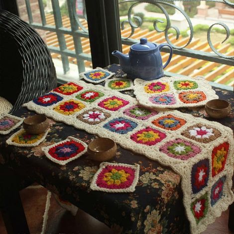 Chemin de table en laine crochetée à la main, coussin pour théière, dessous de verre, ensemble de 8 pour la décoration de la table du salon et de la salle à manger (1/4)