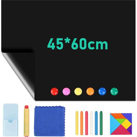 Tafelfolie Magnetisch Selbstklebend, 45x60cm Tafelfolie Selbstklebend, mit Kreide, Lappen, Magnetknöpfen, Puzzlen, Abwischbar Kreidefolie für Haus Büro Schule （Schwarz ）