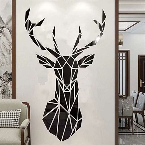 3D Art du Cerf Muraux Sticker Mural Murale Wall Stickers Autocollants Autocollant DIY Arts Decor Décoration Murale Mural Muraux Wall tête de Cerf Animaux Foret Acrylique Sticker (Noir,72 × 43) (1/4)