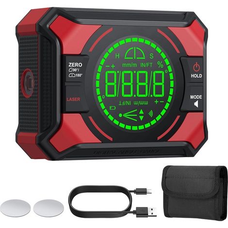 Inclinomètre Laser Numérique Magnétique - Niveau Digital avec 2 Laser Horizontale Verticale et Alarme Sonore - Outil de Mesure d’Angle Rechargeable USB-C pour Menuiserie Construction Bricolage