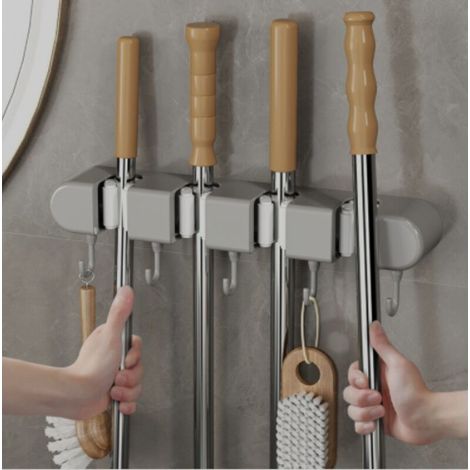 Accroche Balais Mural/SANS PERÇAGE/ 4 Supports + 5 Crochets - support Balais, Porte Balais mural Résistant à l'Eau, Rangement balais, attache balais, organisateur salle de bain (1/5)