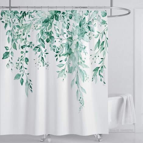 Filiyano-Rideau de douche en eucalyptus vert émeraude, motif de feuilles entrelacées et fleurs, avec crochets, L 150 x H 180 cm