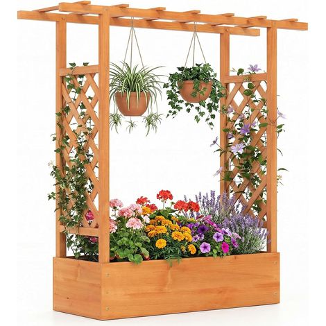 COSTWAY Fioriera Rialzata con Grigliato,Letto da Giardino Rialzato in Legno,Arancione,110x35x114cm (1/5)