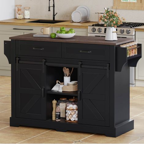 Kücheninsel mit klappbarer Arbeitsplatte, Küchenwagen auf Rollen, Küchenschrank mit 2 Schiebetüren und 2 Schubladen, im Scheunenstil, Schwarz , Küchen-Aufbewahrungsschrank, 120×45(70)×91 cm (1/5)