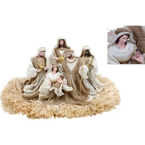 Presepe completo sacra famiglia Natalizia vestiti in tessuto juta Natività Decorazione Raffinata con Giuseppe Maria Gesù Bambino e 3 Re Magi su giaciglio di paglia