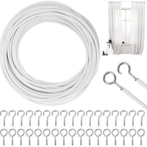 (Blanc)Attache pour Rideau - HOME FIT TRAINING - 10M Câble Blanc - 25 Boulons à Oeil - 25 Crochets à Visser (1/5)