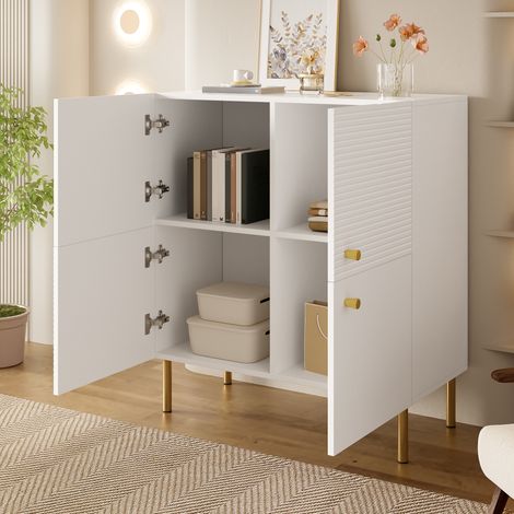 Aparador blanco moderno de MDF con tiradores de zinc y patas de acero, 80 x 36 x 90 cm (1/5)