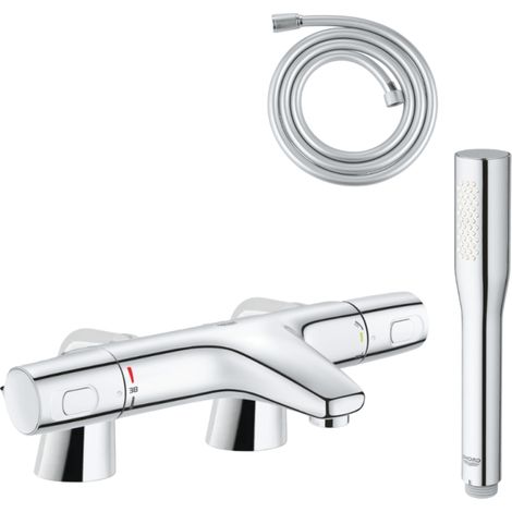 Pack mitigeur thermostatique GROHE Trend avec colonnettes + Douchette 1 jet Vitalio Get Stick + Flexible 1750 mm