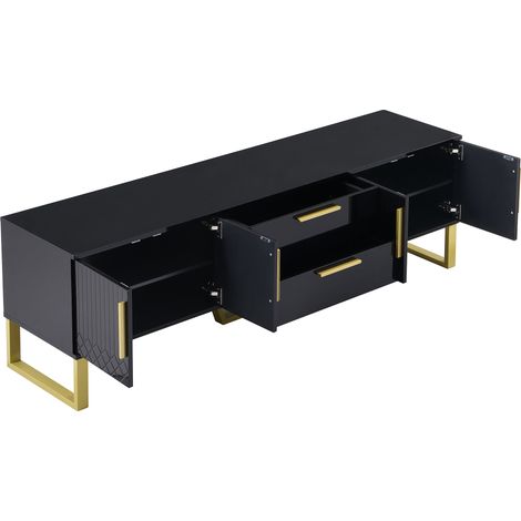 Meuble TV laqué brillant au sol: poignées et pieds dorés, porte à texture gravée, solution de rangement pour le salon, parfaite combinaison d’élégance, de luxe et de fonctionnalité