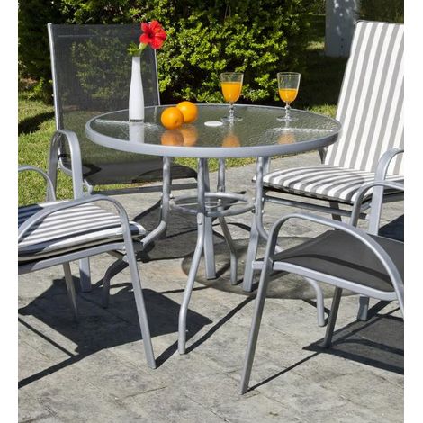 Mesa para terraza jardín en acero Seul-90, en acabado color plata (diámetro-alto): 90x75 cm..