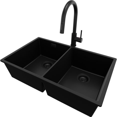 PRIMAGRAN Evier Cuisine en Granit 76x47cm, Lavabo 2 bacs + Robinet 40x20cm + Kit de Vidage, Évier à Encastrer au meuble 80cm - London Slim Twin, Tout Noir (1/5)
