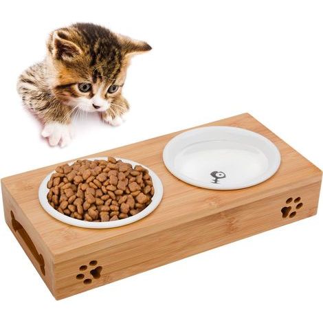Gamelle en céramique pour chat, Gamelle en bambou pour chat Gamelle anti-glouton Gamelle double pour chat Gamelle pour chat (1/5)