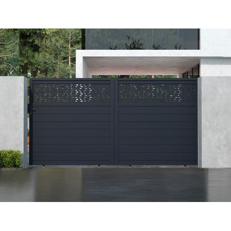 Portail électrique coulissant aluminium semi plein à motifs L374 x H180 cm - anthracite - BAZIO (1/4)