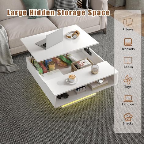 Table basse réglable 80 x 75 x 40 cm – Avec éclairage LED, rangement semi‑ouvert, design géométrique, blanc – Ambiance lumineuse et moderne (1/5)