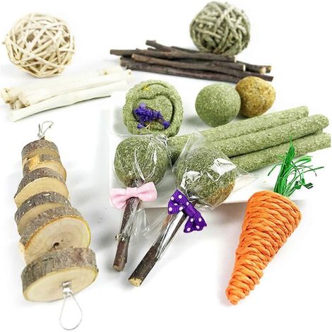 10 jouets à mâcher pour lapins, boules de foin, blocs de bois, petits animaux, pour l'entretien des dents