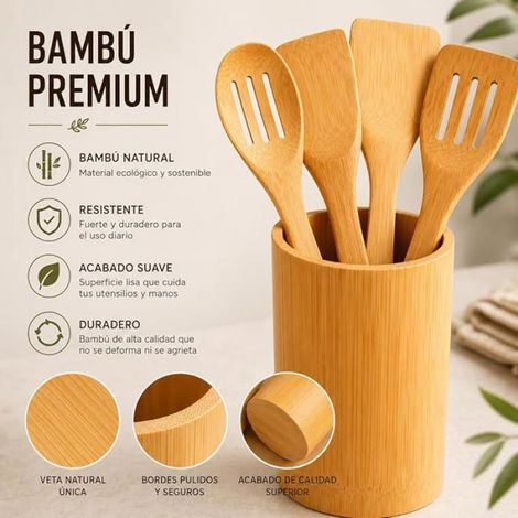 Set ustensiles de cuisine en bambou, 5 pièces avec support, spatules et cuillère fendue ENSEMBLE USTENSILES (1/4)