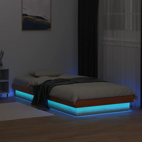 Cadre de lit LED RGB 100 x 200 cm en pin massif, marron cire, avec lattes, sans matelas - PANGIVO (1/5)